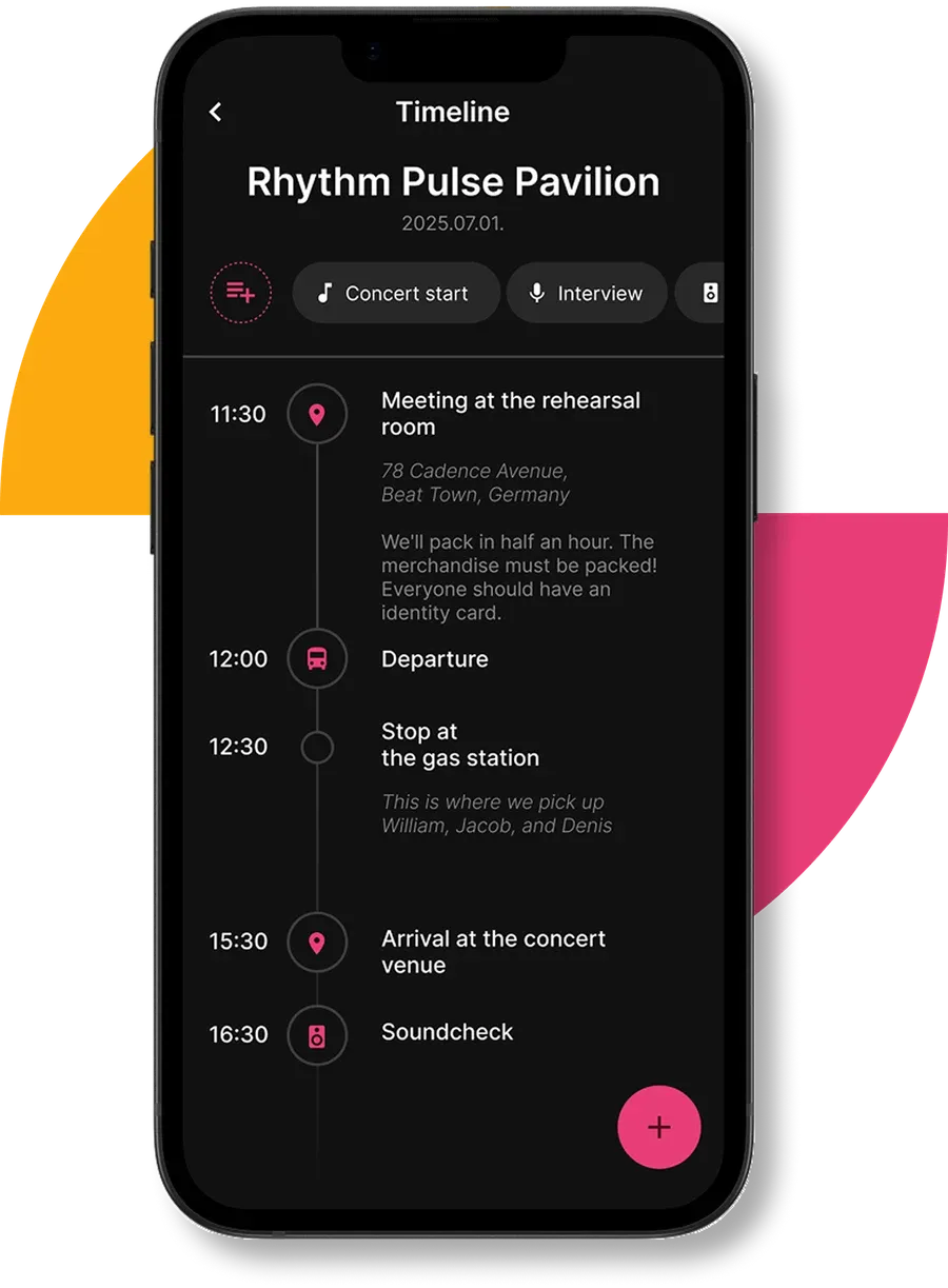 StageSync menetrend képernyő a Rhythm Pulse Pavilion koncertnaphoz